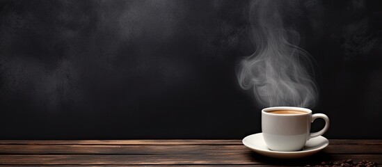Poster - A cup of hot coffee sits on a terrace with a blank blackboard as the background The image is designed with the copy space concept in mind