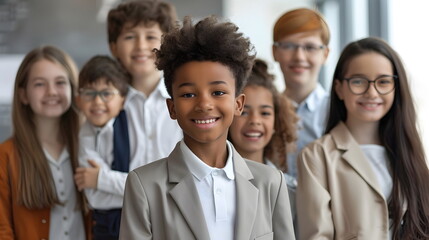 A multicultural group of kids standing in a room