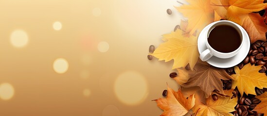 Aufkleber - In autumn enjoy a cup of coffee surrounded by golden yellow leaves and jot down some notes Copy space image