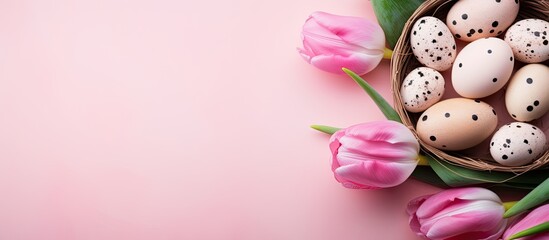 Aufkleber - A vibrant Easter scene featuring quail eggs nestled in a nest alongside tulips on a pink background The image is styled as a flat lay creating a spring composition perfect for a cheerful Easter greet