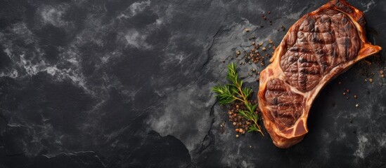 Aufkleber - A top down perspective of a grilled T bone steak placed on a stone table providing ample copy space for you to add your text