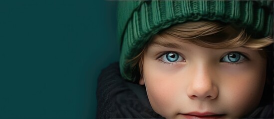 Poster - A charming Caucasian boy with large vibrant blue eyes wearing winter clothes and a hat is depicted on a green background This close up portrait captures the innocence and beauty of childhood The imag