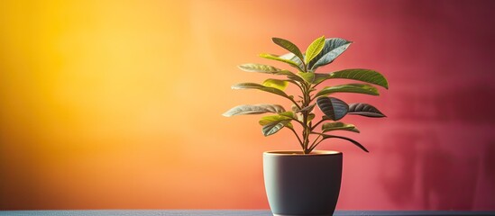 A young coffee plant is placed in a small pink pot and illuminated by a radiant yellow light creating a beautiful and inviting copy space image