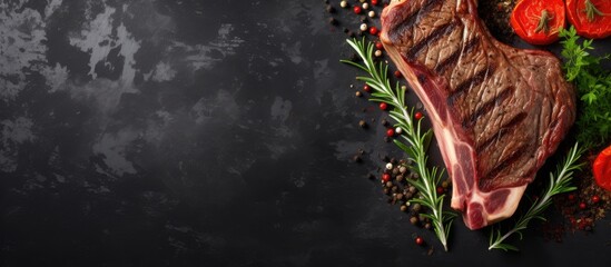 Aufkleber - A top down perspective of a grilled T bone steak placed on a stone table providing ample copy space for you to add your text