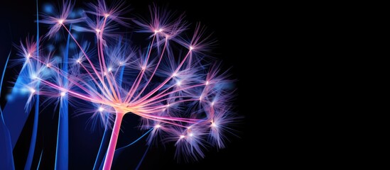 Aufkleber - Abstract copy space image of a large dandelion illuminated by neon pink and blue lights set against a dark background Suitable for graphic designs and desktop wallpapers featuring plants