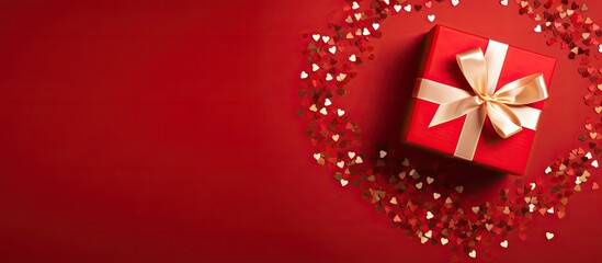 Poster - A top down view of a gift box placed on a vibrant red background with plenty of room around it for adding text or other elements This image symbolizes love and joyful celebrations. Creative banner