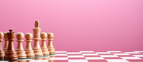 Poster - Chess board made of wood with small checkers placed on top of it set against a pink background Perfect for copy space images