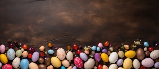 Poster - The top view of a stone table presents an Easter greeting card backdrop adorned with chocolate eggs and colorful candies leaving enough copy space for personal greetings