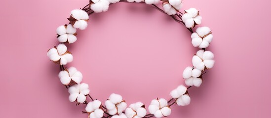 Poster - A creative arrangement of cotton flowers forms a circular shape on a pink background creating a minimal and artistic composition Copy space image