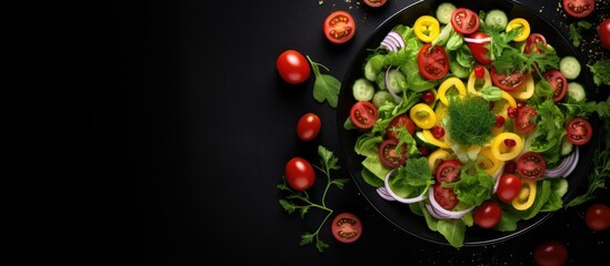 Poster - Top view of a healthy green salad with tomato and fresh vegetables presented in a white bowl placed on a dark black background leaving ample copy space for the image