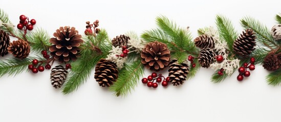 Poster - A festive Christmas themed arrangement featuring a knitted blanket pine cones and fir branches on a white background Beautifully arranged with a top down view allowing for plenty of copy space image