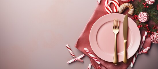 Aufkleber - This top down view showcases an exquisite Christmas table setting design The pastel pink plate cutlery candy cane and decorations create a captivating arrangement The background offers ample copy spa