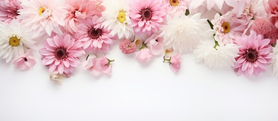 Poster - The image shows a floral arrangement with white and pink flowers on a white background It is a top down view with empty space for text This is a mockup. Creative banner. Copyspace image