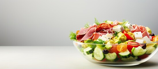 Poster - A trendy salad with ham paprika cucumber and cheese emphasizing its healthy ketogenic diet benefits Suitable for a diet lunch Copy space image