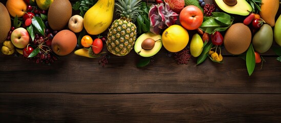 Poster - A selection of freshly picked tropical fruits including mango tamarind avocado and rambutan displayed on a rustic wooden background The top view allows for copy space to be available