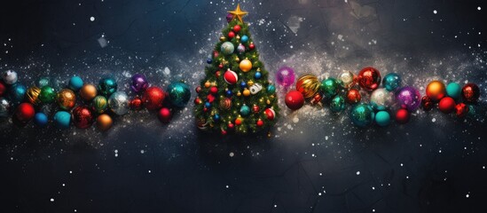 Aufkleber - A festive Christmas scene featuring a vibrant Christmas tree adorned with colorful toys and sequined balls The image is seen from a top view with a flat surface providing ample space for custom inscr