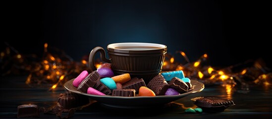 Poster - Copy space image of chocolate candies wrapped in vibrant foil arranged on a plate alongside a steaming cup of coffee on a dark background