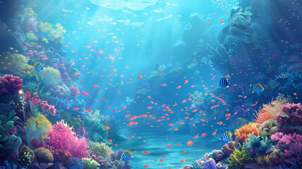 Poster - A colorful underwater scene with a variety of fish and coral. Cartoon style. 