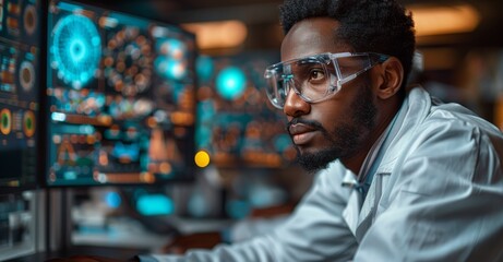 Poster - Focused African American male scientist analyzing data on high-tech digital screens in laboratory