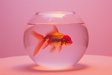 A photo showcasing a round fishbowl with a bright goldfish swimming inside, set against a solid backdrop in a soothing pastel shade