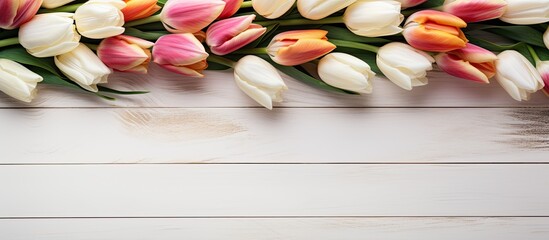 Poster - A top down view of a white wooden table adorned with tulip bulbs in autumn creates an enchanting background perfect for a copy space image