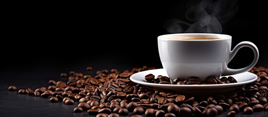 Poster - A copy space image of a white coffee cup placed on a dark background alongside scattered coffee beans