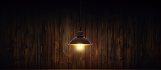 Poster - A hanging lamp on the ceiling casts a gentle glow illuminating the dark wooden room creating a captivating and artistic copy space image