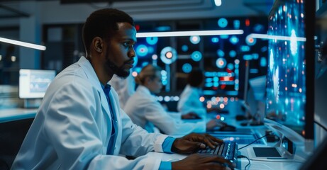 Poster - African American male scientist analyzing data in a high-tech laboratory
