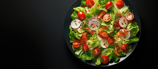 Poster - Copy space image of a top view plate with a diet salad composed of a fresh mix of lettuce and tomatoes