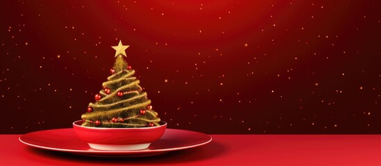 Poster - A Christmas themed copy space image featuring a red saucer adorned with numerous golden stars The saucer rests on a vibrant red background and is surrounded by pine branches presented in a flat lay s