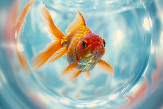 A detailed shot of a circular fish aquarium featuring a lively goldfish, set against a plain pastel background, capturing the serenity of underwater life