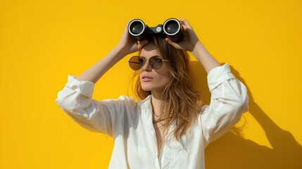 Wall Mural - Woman with Binoculars on Yellow. copy space for text.