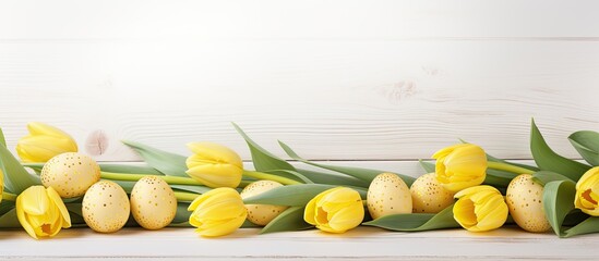Fototapete - Copy space image of vibrant Easter eggs and yellow tulips arranged on a backdrop of white wooden planks