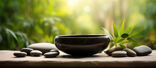 Aufkleber - Bowl filled with stones surrounded by bamboo grove on mat background copy space image