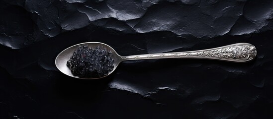 Aufkleber - Top view of a silver spoon holding black sturgeon caviar placed on a black slate stone background with enough space for adding text or other images. Creative banner. Copyspace image