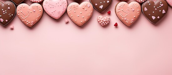 Aufkleber - A Valentine s Day composition featuring heart shaped cookies displayed on a pastel pink background The arrangement is a flat lay with a top view leaving ample copy space in the image