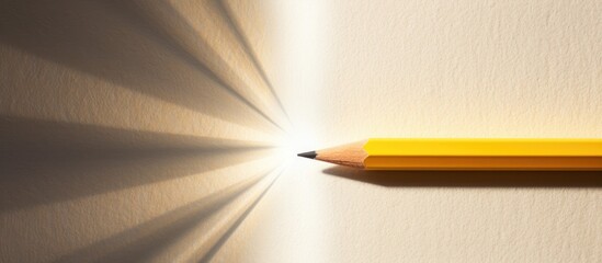 Poster - A top view close up photo of a wooden pencil placed in the center of textured white paper with a square yellow line creating a template with abundant copy space The pencil casts a smooth shadow under