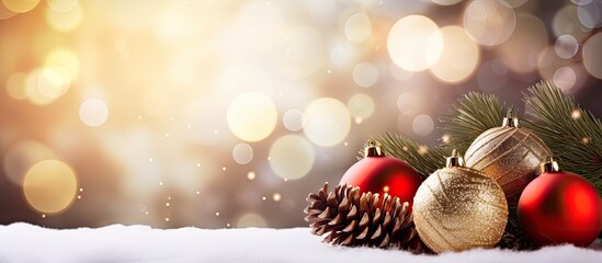 Poster - Christmas tree twigs cones balls and bokeh create a festive holiday background with an appealing copy space image