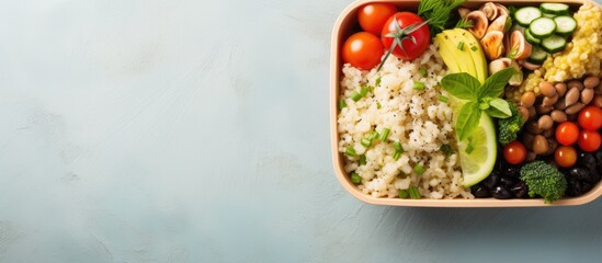Poster - Top view of a nutritious vegan lunch box emphasizing the clean diet eating concept The image showcases a variety of vitamin rich foods minerals plant protein antioxidants and fiber leaving ample copy
