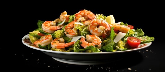 Poster - A plate of Caesar salad with shrimp and a healthy diet option for weight loss with room for adding text. Creative banner. Copyspace image