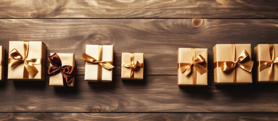 Wall Mural - Top view of gift boxes on a wooden background with ample space for adding images or text