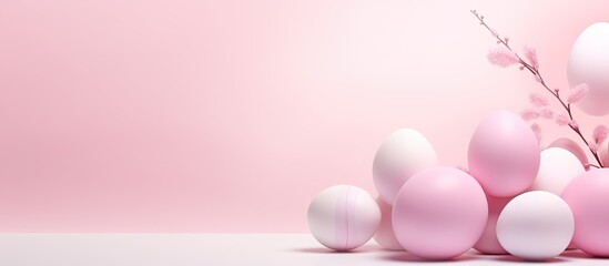 Fototapete - Easter banner with pastel pink background adorned with colored Easter eggs Copy space image