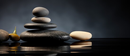 Aufkleber - A serene spa composition with a stack of spa stones on a copy space image against a black background