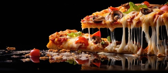 Poster - a slice of scrumptious pizza with a variety of toppings. Creative banner. Copyspace image