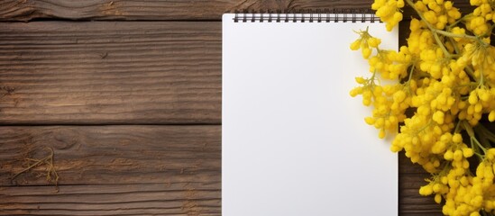 Aufkleber - Copy space image of yellow barberry flowers and a blank notepad placed on a rustic wooden background