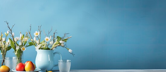 Sticker - Copy space image of table adorned for Easter celebration placed against a vibrant blue wall