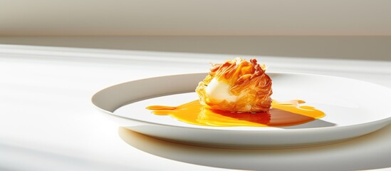 Poster - A breakfast dish is presented on a white plate with soft shadows featuring a cooked chicken yolk in a crumpled form The image allows for copy space