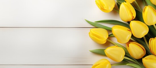 Fototapete - Copy space image of vibrant Easter eggs and yellow tulips arranged on a backdrop of white wooden planks
