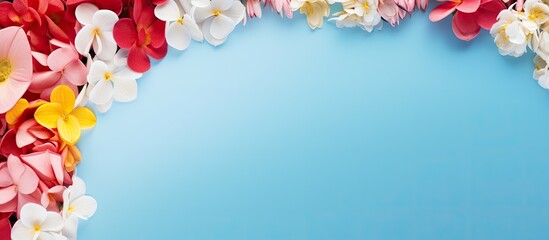 Leinwandbilder - A multi colored copy space image featuring a round frame of spring tulips in various vibrant shades of red pink white and yellow set against a blue background
