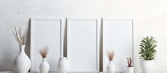 Sticker - A mock up of a wooden white frame for text stands vertically against a gray background It features a decorative vase with plants reflecting a stylish design with ample space for text Copy space image